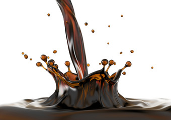 Liquid coffee pouring and splash close up. On white background.