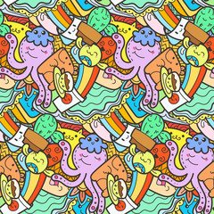 Obraz na płótnie Canvas Funny doodle monsters on seamless pattern for prints, designs and coloring books