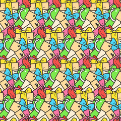 Fototapeta na wymiar Funny doodle seamless pattern with gift boxes. Cute for prints, cards, designs and coloring books
