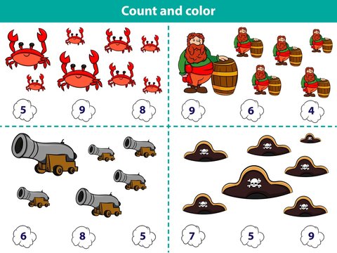 Educational game for preschool children. Count and color the circle with correct answer. Set of cartoon pirate characters. Vector illustration