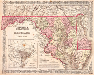 Fototapeta na wymiar 1864, Johnson's Map of Maryland and Delaware