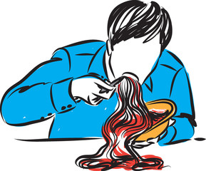 hungry man eating spaghetti vector illustration