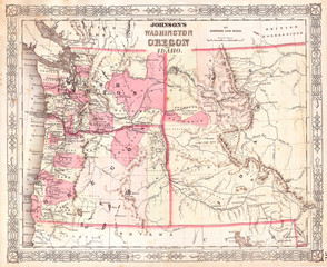 1864, Johnson Map of Washington, Oregon and Idaho, Wyoming and Montana