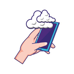 hand using smartphone with clouds