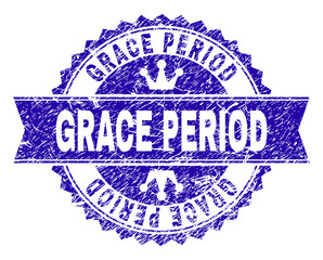 GRACE PERIOD rosette stamp seal watermark with grunge style. Designed with round rosette, ribbon and small crowns. Blue vector rubber watermark of GRACE PERIOD tag with dirty texture.