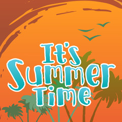 Summer time Holiday calligraphy illustration on a background of clouds and beach and sea. Vector Illustration.