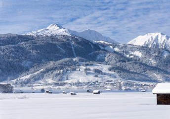 Ski resort, Lermoos, Austria. Winter mountain landscape, Sunny day.