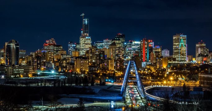 Timelapse of Edmonton Skyline at night during Winter