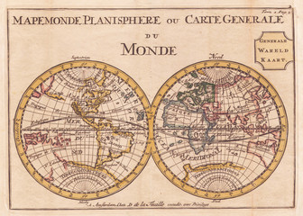 1706, de La Feuille Map of the World on Hemisphere Projection