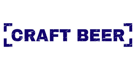 CRAFT BEER text seal print with grunge texture. Text tag is placed between corners. Blue vector rubber print of CRAFT BEER with unclean texture.
