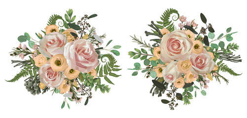 Vector floral bouquet design set, green forest leaf, brunia, fern, branches boxwood, buxus, eucalyptus, eustoma, tea roses and chamaelaucium. Watercolor style, herbs. Wedding for invite card