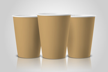 Vector Realistic 3d Brown Craft Paper Disposable Cup Set Closeup Isolated on White Background. Design Template of Paper Mug for Graphics, Mockup, Packaging. Front view