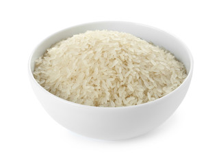Fototapeta na wymiar Bowl with uncooked parboiled rice on white background