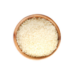 Fototapeta na wymiar Bowl with uncooked parboiled rice on white background, top view