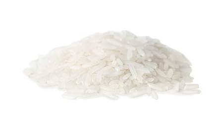 Fototapeta na wymiar Uncooked long grain rice on white background