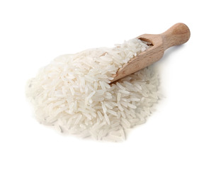 Scoop and uncooked long grain rice on white background