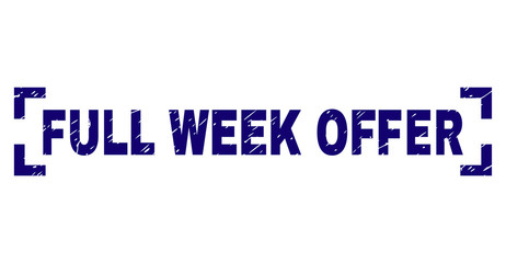FULL WEEK OFFER title seal print with grunge texture. Text title is placed between corners. Blue vector rubber print of FULL WEEK OFFER with unclean texture.