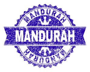 MANDURAH rosette stamp seal watermark with grunge effect. Designed with round rosette, ribbon and small crowns. Blue vector rubber watermark of MANDURAH text with scratched texture.