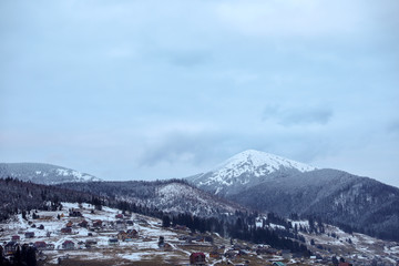 Fototapeta na wymiar Winter landscape with mountain village near conifer forest