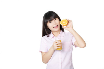 Chinese woman drinking orange juice isolated on white background