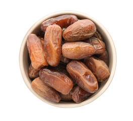 Bowl with sweet dates on white background, top view. Dried fruit as healthy snack