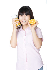 Chinese woman drinking orange juice isolated on white background