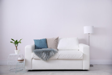 Fototapeta na wymiar Modern living room interior with comfortable sofa. Space for text