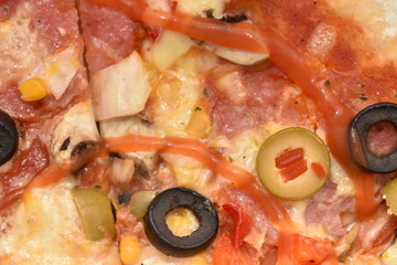 pizza with olives and cheese ,detail