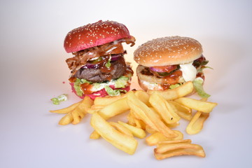 Red tasty burger and french fries