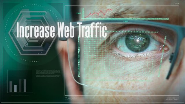 A close up of a businessman eye controlling a futuristic computer system with a Business Increase Web Traffic concept.