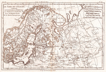 Fototapeta na wymiar 1780, Raynal and Bonne Map of Northern Europe and European Russia, Rigobert Bonne 1727 – 1794, one of the most important cartographers of the late 18th century