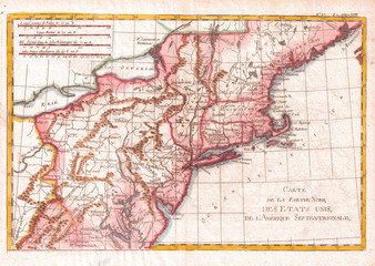 Fototapeta na wymiar 1780, Raynal and Bonne Map of Northern United States, Rigobert Bonne 1727 – 1794, one of the most important cartographers of the late 18th century