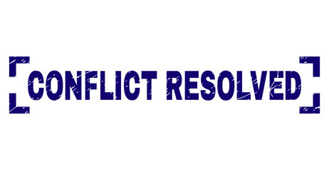 CONFLICT RESOLVED label seal print with distress style. Text label is placed between corners. Blue vector rubber print of CONFLICT RESOLVED with dirty texture.