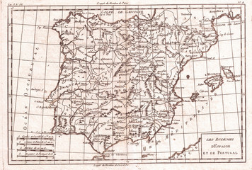 1780, Raynal and Bonne Map of Spain and Portugal, Rigobert Bonne 1727 – 1794, one of the most important cartographers of the late 18th century