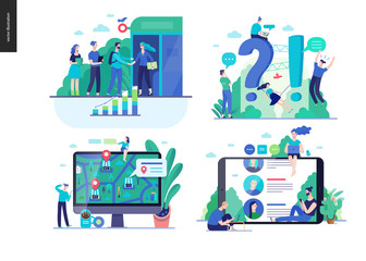 Business series set, color 2-modern flat vector concept illustrated topics -b2b partnership, questions and answers faq, where to buy -location, forum reviews. Creative landing web page design template