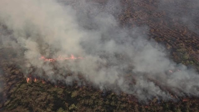 Aerial view above of a small wildfire burning vegetation, Cambodia.