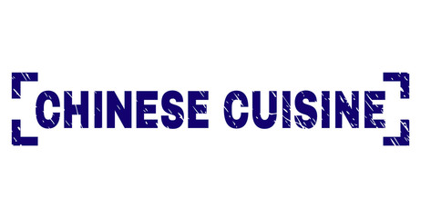 CHINESE CUISINE text seal print with grunge texture. Text caption is placed inside corners. Blue vector rubber print of CHINESE CUISINE with dirty texture.