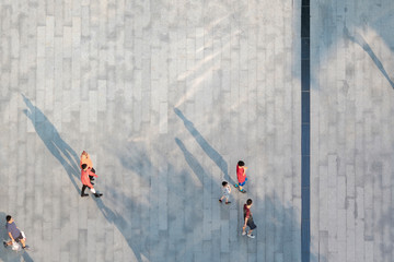 social relation people walking on across pedestrian. Concept of top view of open space city.