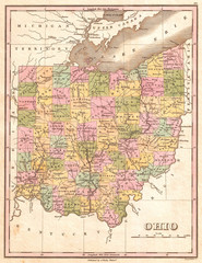 Fototapeta na wymiar 1827, Finley Map of Ohio, Anthony Finley mapmaker of the United States in the 19th century