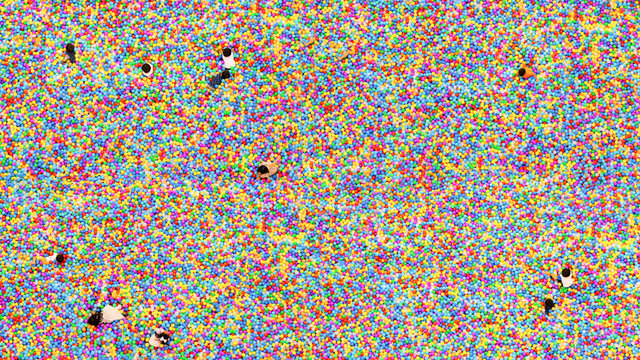 top aerial view of plastic balls pool with family childs and kids playing in the pool. Concept top view background colorful pixel.