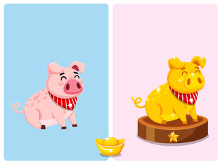 Obraz na płótnie Canvas Cute Pink fat pig and golden fat pig characters. Vector Illustration. Year of the pig cartoon style 2019