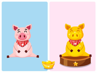 Cute Pink fat pig and golden fat pig characters. Vector Illustration. Year of the pig cartoon style 2019