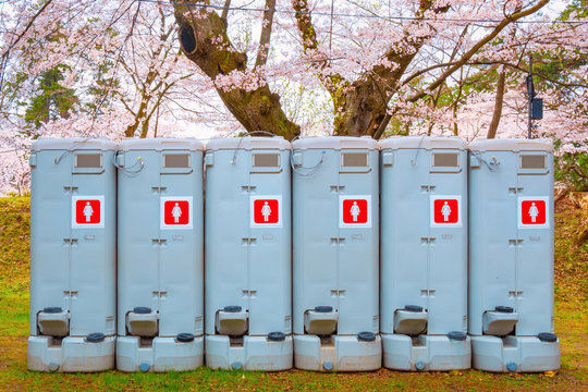 Public Toilets Prepared For Tourist During The Full Bloom Cherry Blossom Period In Hirosaki Park In Japan