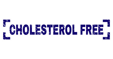 CHOLESTEROL FREE title seal print with distress effect. Text title is placed between corners. Blue vector rubber print of CHOLESTEROL FREE with corroded texture.