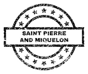 SAINT PIERRE AND MIQUELON stamp seal watermark with distress style. Designed with rectangle, circles and stars. Black vector rubber print of SAINT PIERRE AND MIQUELON label with unclean texture.