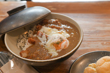 Curry and rice with fried Pork on bowl Japanese food.