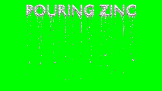 Animated dripping a lot of melted zinc or silver paint or liquid metal from all caps text Dripping Zinc. Liquid is dripping from three dimensional letters against green background.