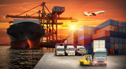 Logistics and transportation of Container Cargo ship and Cargo plane with working crane bridge in...