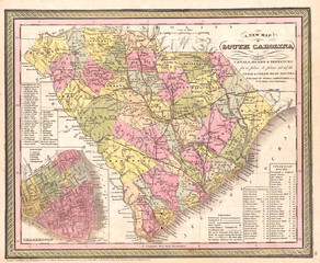 1850, Mitchell Map of South Carolina with Charleston inset