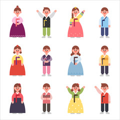 Character set for men and women in Korean traditional costumes. flat design vector graphic style concept illustration.